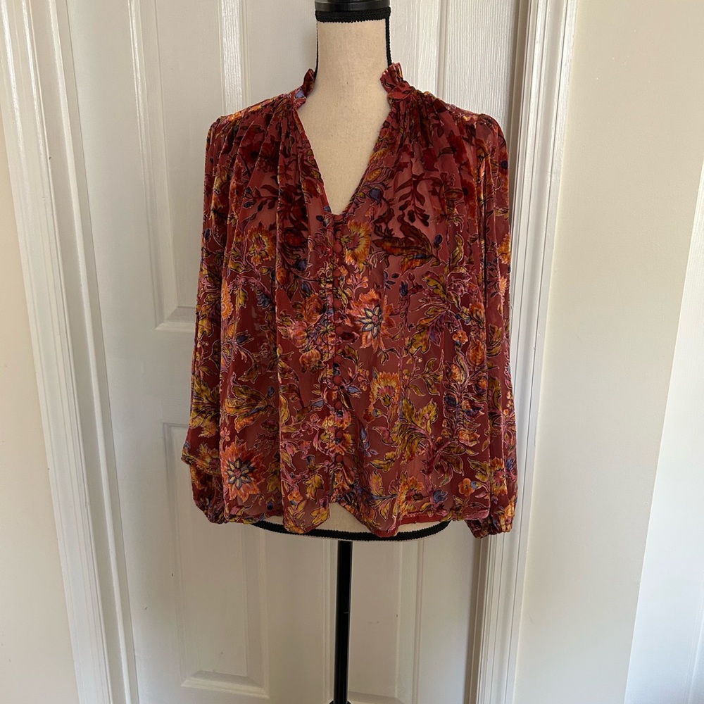 NWT Anthropologie The Estela Burnout Sheer Floral Printed Blouse in Maroon - Picture 4 of 14